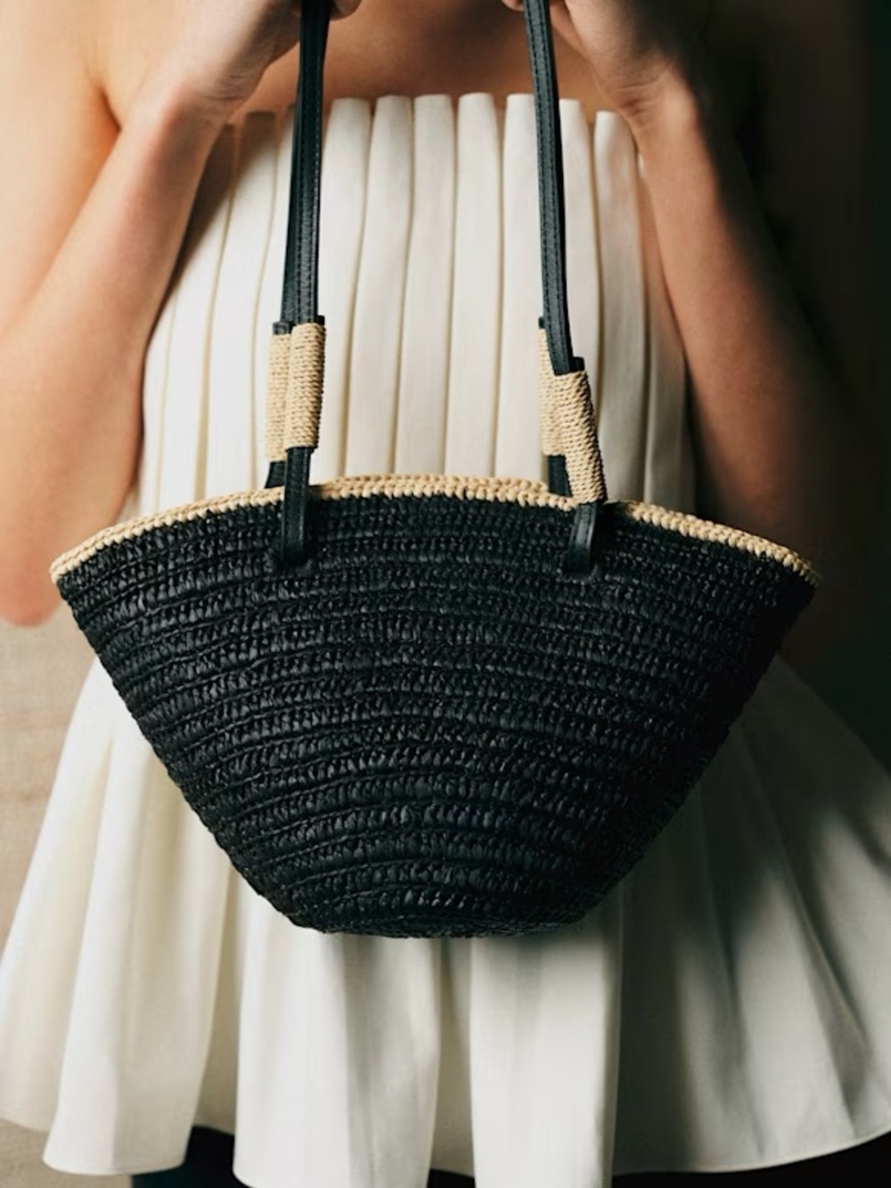 Sezane Mini Maia Basket Bag Handbag Black Raffia